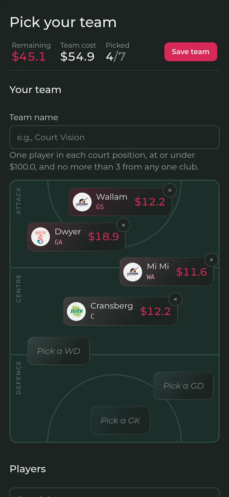 The squad picker: a priced list of every player on one side, a squad of seven half filled on the other, and the money left to spend beneath it.