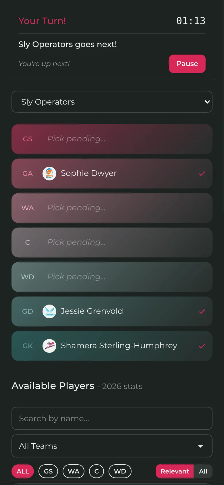 The Draft Room: a live list of available players on one side, every league member's roster filling up on the other, and a countdown on the team currently picking.